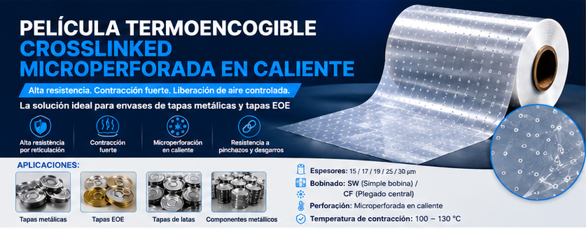 Película POF Termoencogible Reticulada y Microperforada en Caliente para Tapas Metálicas y EOE