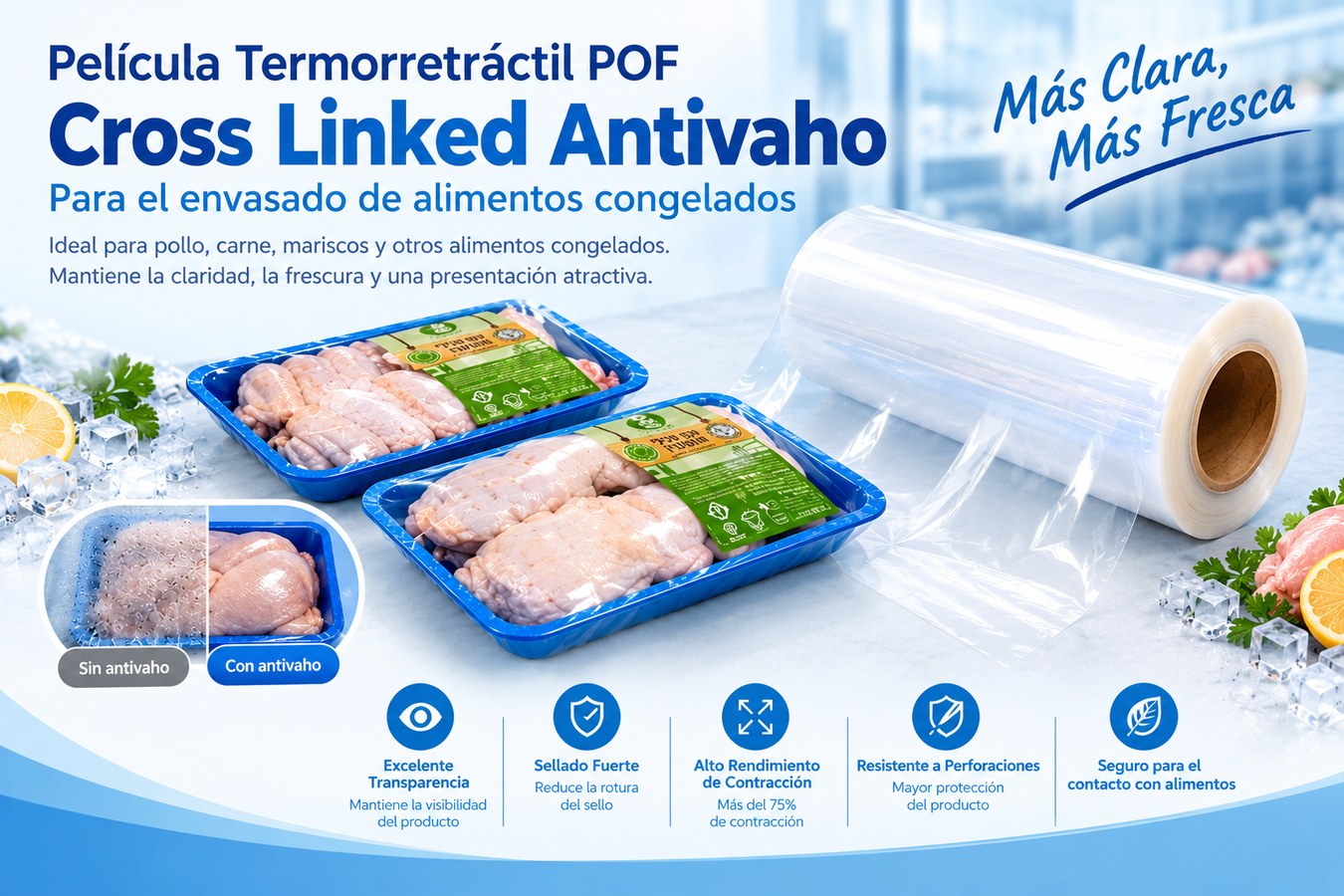 Película Termorretráctil POF Cross Linked Antivaho para Alimentos Congelados
